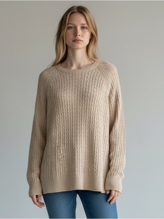 JEANNE PIERRE Sweaters - JEANNE PIERRE Beige Cable-Knit Crewneck Sweater